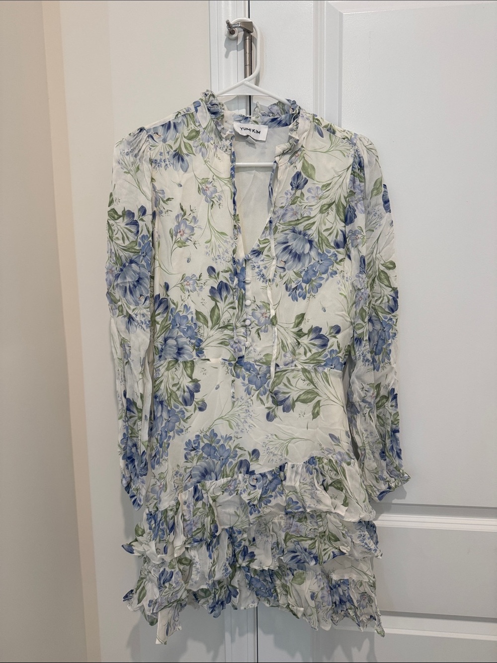 Yumi Kim White Floral Ruffle Mini Dress with Blue & Green Print